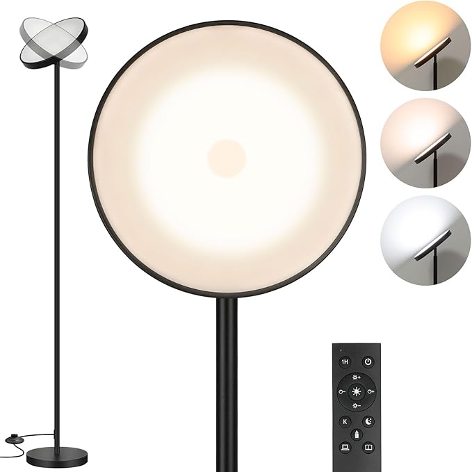 Floor Lamp, 2400LM Bright Floor Lamp for Living Room, LED Modern Torchiere Floor Lamp with 2700K-6000K Stepless Dimming, 69" Tall Standing Lamp with Remote & Foot Switch for Bedroom Office - LeafyLoom
