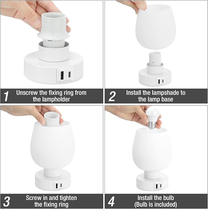 Kakanuo Bedside Table Lamp with Glass Shade, Touch Control, Dual USB A+C Charging Ports, Nightstand Lamp, 3-Way Dimmable, Bulb Included - LeafyLoom