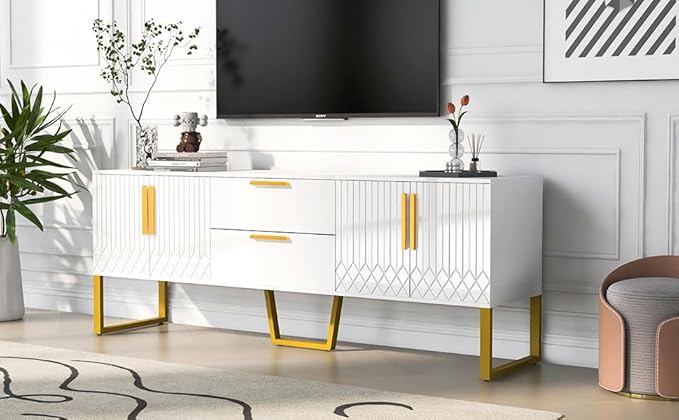 NicBex TV Stand for 75 Inch TV Modern TV Media Console Table with Metal Legs Drawers and Cabinets,Entertainment Center with Storage for Living Room,Bedroom,66.9 Inch,White - LeafyLoom