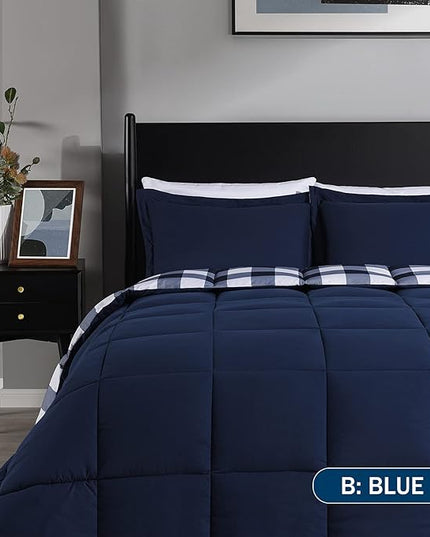 downluxe Lightweight Plaid Comforter Set (Queen) with 2 Pillow Shams - 3-Piece Set - Blue/White Plaid - Down Alternative Reversible Comforter - LeafyLoom
