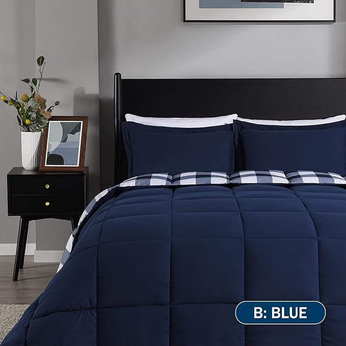downluxe Lightweight Plaid Comforter Set (King) with 2 Pillow Shams - 3-Piece Set - Blue/White Plaid - Down Alternative Reversible Comforter - LeafyLoom