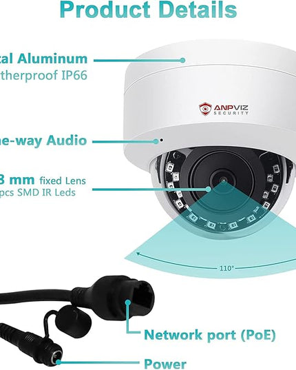 Anpviz 5MP PoE IP Dome Camera with Audio/Mic, IP Security Camera Outdoor Indoor, 98ft IR Night Vision, IP66 Waterproof, 2.8mm Lens, 24/7 Recording, Human Detection, Not PTZ, NDAA Compliant (U Series) AnpvizSecurity