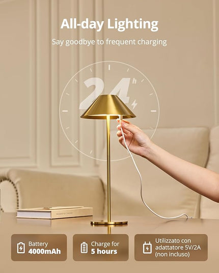Cordless Table Lamp Rechargeable, Battery Operated LED Table Lamp with 3 Color Temperature & Stepless Dimming, Gold Desk Lamp, Outdoor Table Lamp for Living Room Home Bedroom Dining Patio - LeafyLoom