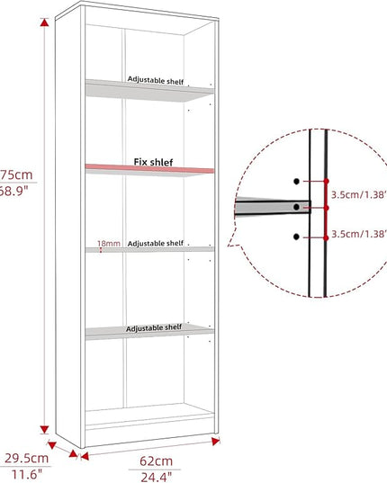 5 Shelf Wood Bookcase Freestanding Display Shelf Adjustable Layers Bookshelf for Home Office Library Small Narrow Space(Cherry, 5-Layers,24.4W x 11.6D x 68.9H inch) - LeafyLoom