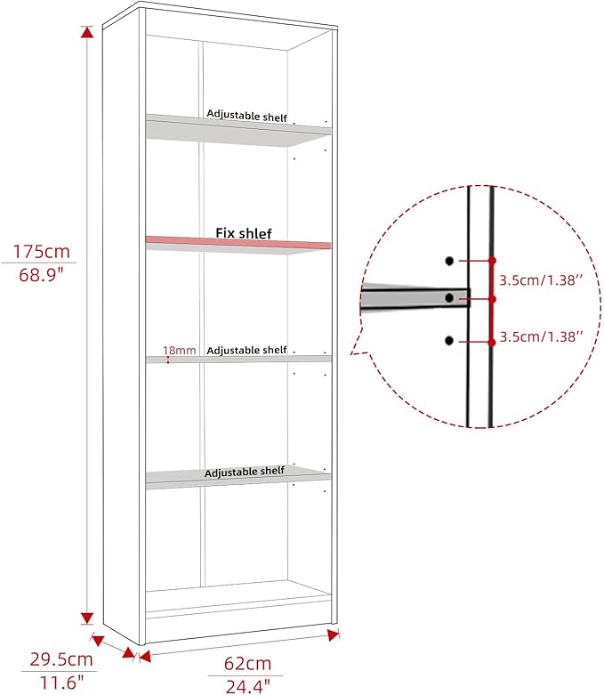 5 Shelf Wood Bookcase Freestanding Display Shelf Adjustable Layers Bookshelf for Home Office Library Small Narrow Space(Cherry, 5-Layers,24.4W x 11.6D x 68.9H inch) - LeafyLoom
