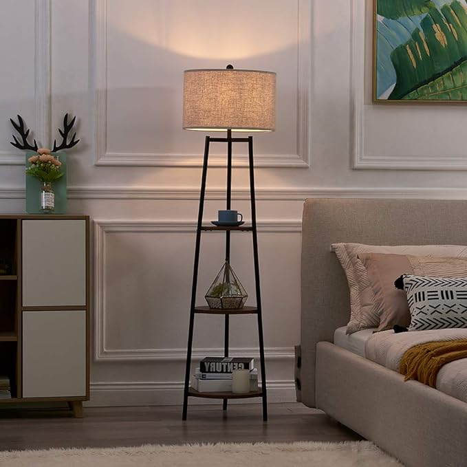 Floor Lamp, Standing Reading Light with Shelves and Fabric Shade, Modern Tall Pole Lamp, Accent Furniture Décor Lighting for Living Room, Bedrooms Black - LeafyLoom
