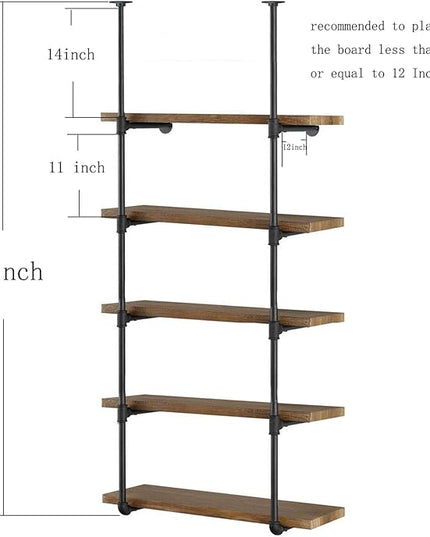 Yuanshikj 2Pc (70" tall 12" deep 3/4") Industrial Wall Mount iron Pipe Shelf Shelves Shelving Bracket Vintage Retro Black DIY Open Bookshelf Storage Home Kitchen (2 Pcs 5Tier Hardware only) - LeafyLoom