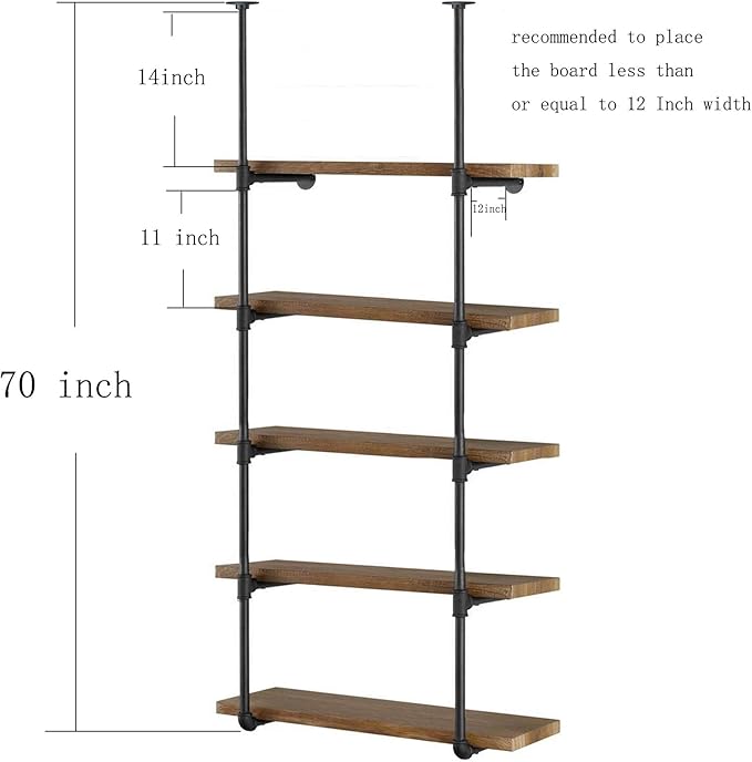 Yuanshikj 2Pc (70" tall 12" deep 3/4") Industrial Wall Mount iron Pipe Shelf Shelves Shelving Bracket Vintage Retro Black DIY Open Bookshelf Storage Home Kitchen (2 Pcs 5Tier Hardware only) - LeafyLoom