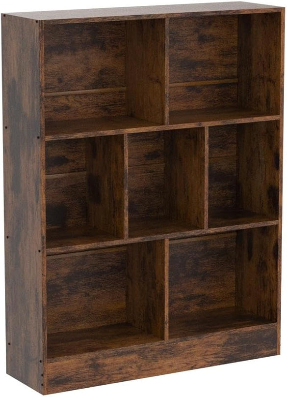 LEYAOYAO 7 Cube Bookshelf with Base,3 Tier Mid-Century Modern Brown Bookcase,Standing Wide Bookshelves Storage Organizer Shelf,Rustic Wood Display Cabinet Book Shelves for Bedroom,Living Room,Office - LeafyLoom