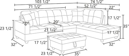 ROOMTEC Modern L Shaped Sectional Sofa Set with Storage Ottoman, Right Facing Chaise Longue, Reversible Backrest w/ 2 Cup Holders, Linen Tufted Cushions, for Living Room, Black Grey - LeafyLoom