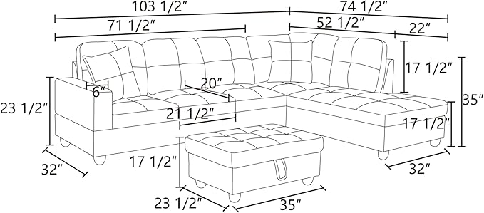 ROOMTEC Modern L Shaped Sectional Sofa Set with Storage Ottoman, Right Facing Chaise Longue, Reversible Backrest w/ 2 Cup Holders, Linen Tufted Cushions, for Living Room, Black Grey - LeafyLoom