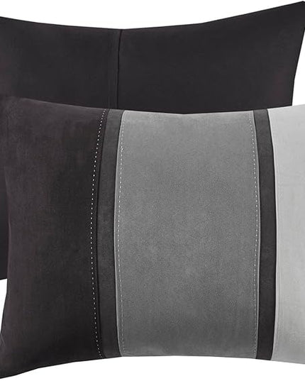 Madison Park Palisades Comforter Set Modern Faux Suede Pieced Stripe Design, All Season Down Alternative Cozy Bedding with Matching Shams, Decorative Pillows, Queen(90"x90"), Black 7 Piece - LeafyLoom