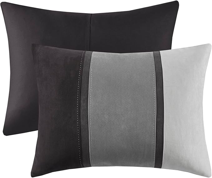 Madison Park Palisades Comforter Set Modern Faux Suede Pieced Stripe Design, All Season Down Alternative Cozy Bedding with Matching Shams, Decorative Pillows, Cal King(104"x92"), Black 7 Piece - LeafyLoom