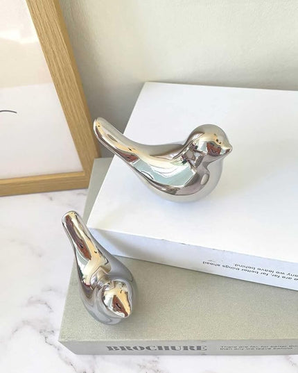 Cute Shelf Decor Birds, Small Animal Figurines Home Decor, Ceramic Silver Birds Shelf Decorations for Living Room Bedroom Bookshelf Table Top - LeafyLoom