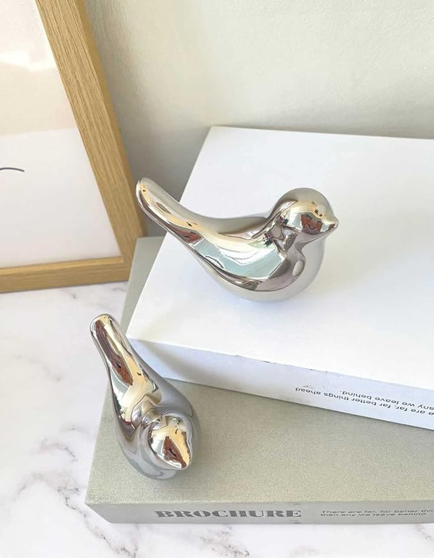 Cute Shelf Decor Birds, Small Animal Figurines Home Decor, Ceramic Silver Birds Shelf Decorations for Living Room Bedroom Bookshelf Table Top - LeafyLoom
