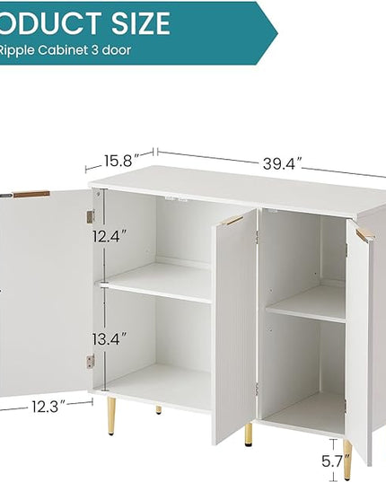 Storage Cabinet, Modern Accent Buffet Cabinet, FreeStanding Sideboard and Buffet Storage Adjustable Shelves with 3 Doors for Bedroom, Living Room, Kitchen or Hallway,White - LeafyLoom