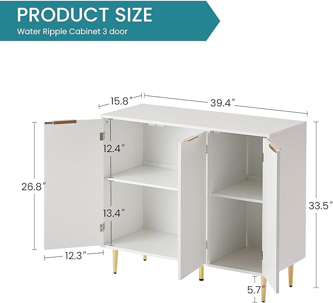 Storage Cabinet, Modern Accent Buffet Cabinet, FreeStanding Sideboard and Buffet Storage Adjustable Shelves with 3 Doors for Bedroom, Living Room, Kitchen or Hallway,White - LeafyLoom