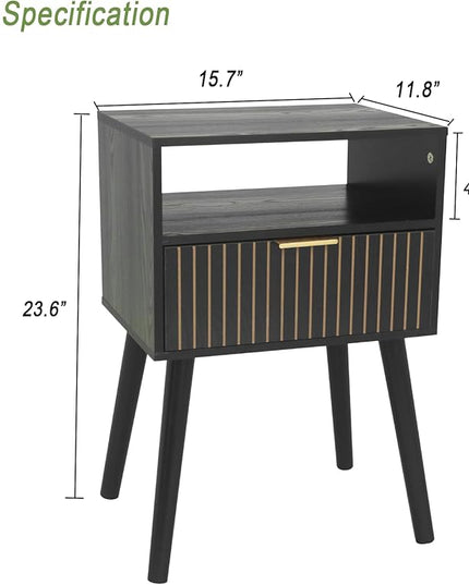 MaxSmeo Black Nightstand with Drawer, Bedside Table Set of 2, Mid Century Modern Nightstand with Open Shelf Storage, End Table with Solid Wood Legs, Black - LeafyLoom