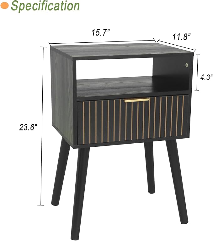 MaxSmeo Black Nightstand with Drawer, Bedside Table Set of 2, Mid Century Modern Nightstand with Open Shelf Storage, End Table with Solid Wood Legs, Black - LeafyLoom