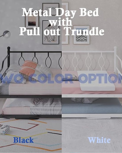 Full Daybed with Trundle, Metal Day Bed with Pull Out Trundle, Sofa Bed with Twin Size Portable Folding Trundle, Bed Frame for Bedroom, Living Room, Guest Room, Home, No Box Spring Needed, White - LeafyLoom