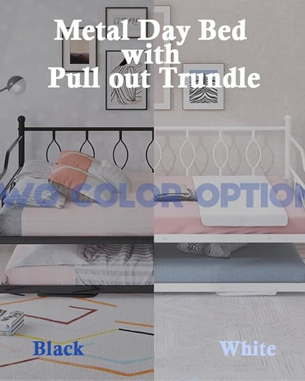 Full Daybed with Trundle, Metal Day Bed with Pull Out Trundle, Sofa Bed with Twin Size Portable Folding Trundle, Bed Frame for Bedroom, Living Room, Guest Room, Home, No Box Spring Needed, Black - LeafyLoom