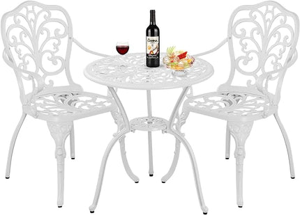 Patio Bistro Set 3 Piece Cast Aluminum Outdoor Bistro Set, Rust Resistance Bistro Table and Chairs of 2 with Umbrella Hole, Small Patio Set for Garden Outside, White - LeafyLoom