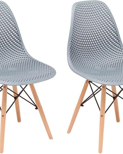 CangLong Dining Mid Century Modern Hollow Back Design Plastic Shell Armless Side Chair with Beech Wood Legs, Set of 2, Grey 1 - LeafyLoom