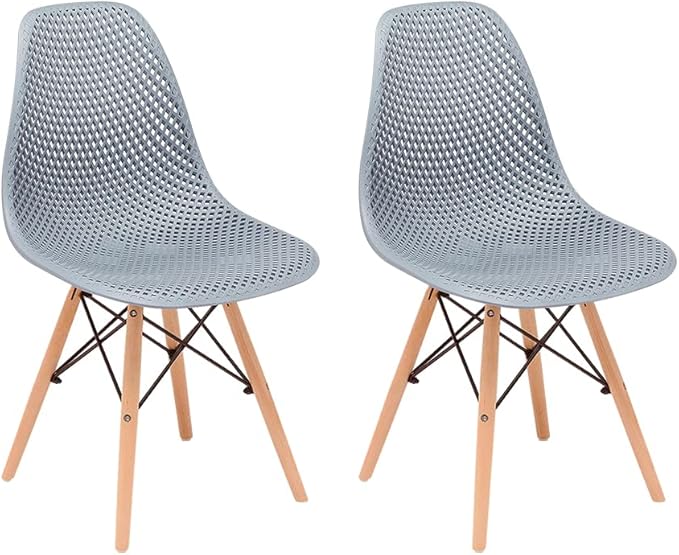 CangLong Dining Mid Century Modern Hollow Back Design Plastic Shell Armless Side Chair with Beech Wood Legs, Set of 2, Grey 1 - LeafyLoom