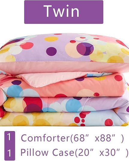 Rainbow Ombre Comforter Set Twin Size for Girls, Colorful Bubbles Polka Dots Comforter for Kids Teen, 2 Piece Orange Pink Purple Blue Gradient Pastel Bedding Set with 1 Pillow Case(Rainbow,Twin) - LeafyLoom