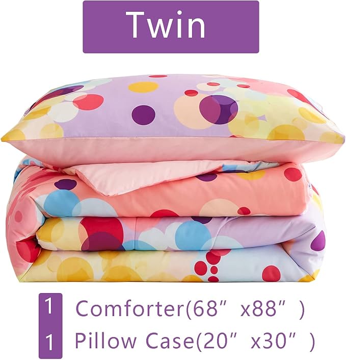 Rainbow Ombre Comforter Set Twin Size for Girls, Colorful Bubbles Polka Dots Comforter for Kids Teen, 2 Piece Orange Pink Purple Blue Gradient Pastel Bedding Set with 1 Pillow Case(Rainbow,Twin) - LeafyLoom