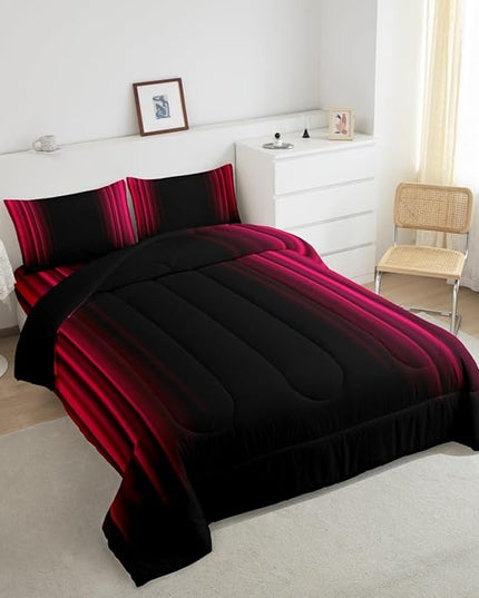 Feelyou Geometric Abstract Ombre Bedding Bed Set Men Adults Teens Vibrant Red and Black Striped Comforter Set Kids Boys Girls Simple Modern Comforter Inner Fill Bedroom Collection 3Pcs Queen Size - LeafyLoom