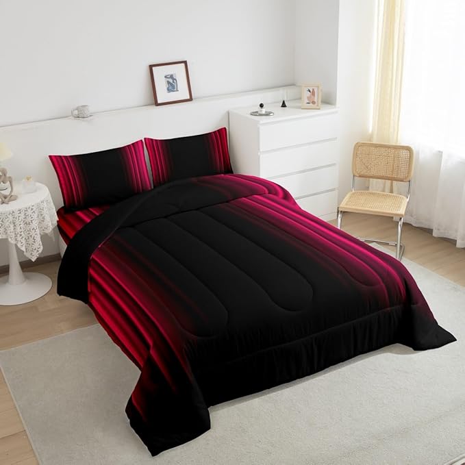 Geometric Abstract Ombre Bedding Bed Set Men Adults Teens Vibrant Red Black Striped Comforter Set Kids Boys Girls Simple Modern Comforter Collection 3Pcs Full Size Boys - LeafyLoom