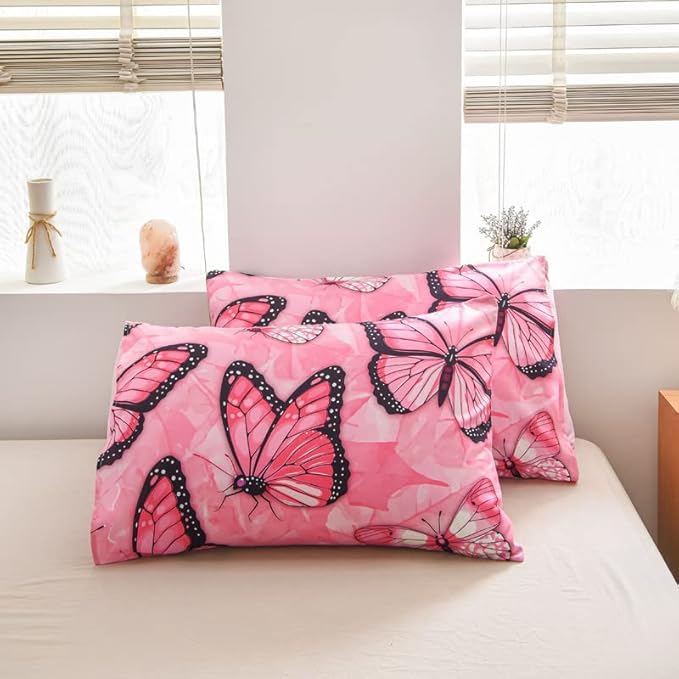 Btargot 3 Piece Pink Butterfly Girls Kids Adults Queen Size Comforter Set, Lightweight Soft All Season Bedding Set with 2 Pillowcases - LeafyLoom