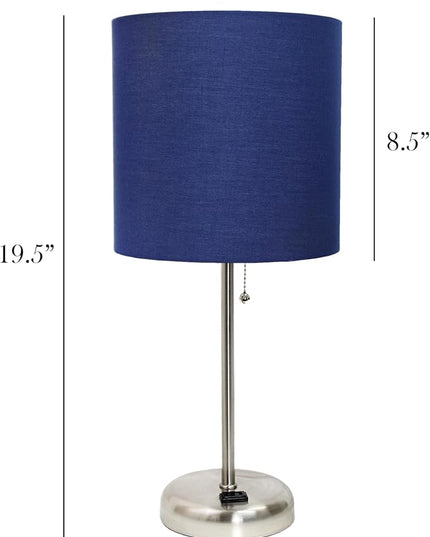Simple Designs LT1144-NAV Sleek and Slender Brushed Steel Table Lamp with Charging Outlet, for Bedroom, Living Room, Entryway, Office, Dining Room, Study, Navy Blue Shade - LeafyLoom