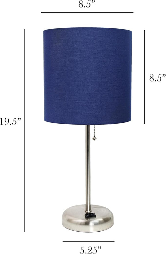 Simple Designs LT1144-NAV Sleek and Slender Brushed Steel Table Lamp with Charging Outlet, for Bedroom, Living Room, Entryway, Office, Dining Room, Study, Navy Blue Shade - LeafyLoom