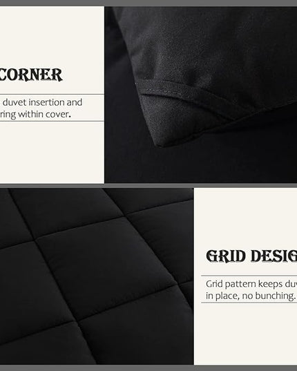 WhatsBedding Black Queen Comforter Set, Lightweight All Season Soft Down Alternative Bed Comforter, 3 Pieces Bedding Set with 2 Pillowcases, Queen Size, 88"x90" - LeafyLoom