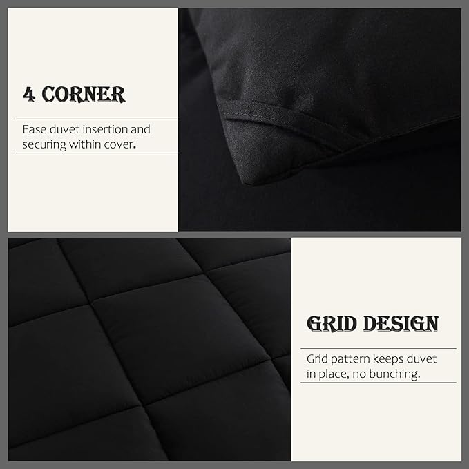 WhatsBedding Black Queen Comforter Set, Lightweight All Season Soft Down Alternative Bed Comforter, 3 Pieces Bedding Set with 2 Pillowcases, Queen Size, 88"x90" - LeafyLoom