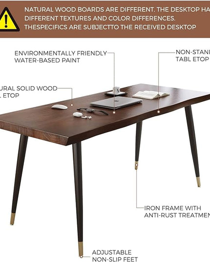 Modern Simple Style 55" Standing Desk Study Computer Desk - Black Metal Frame, Solid Wood Planks, for Home Office Bedroom - LeafyLoom