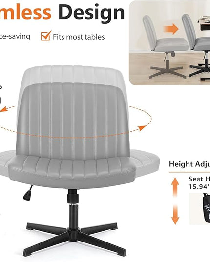 Sweetcrispy Office Chair No Wheels - Armless Desk Chair No Wheels Cross Legged Office Chair Wide Swivel Leather Home Office Desk Chairs - LeafyLoom