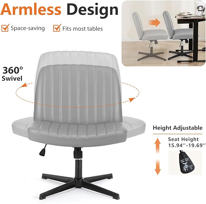 Sweetcrispy Office Chair No Wheels - Armless Desk Chair No Wheels Cross Legged Office Chair Wide Swivel Leather Home Office Desk Chairs - LeafyLoom