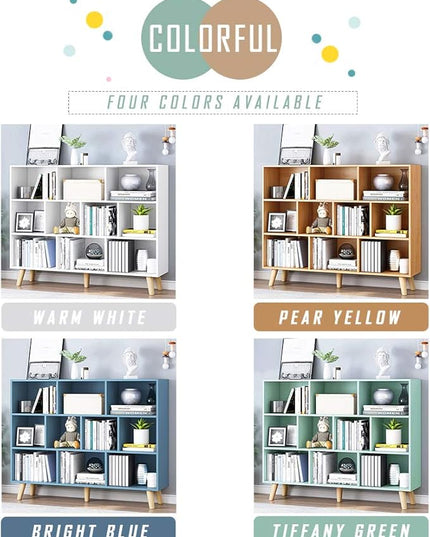 IOTXY Wooden Open Shelf Bookcase - 3-Tier Floor Standing Display Cabinet Rack with Legs, 10 Cubes Bookshelf, Tiffany-Green - LeafyLoom