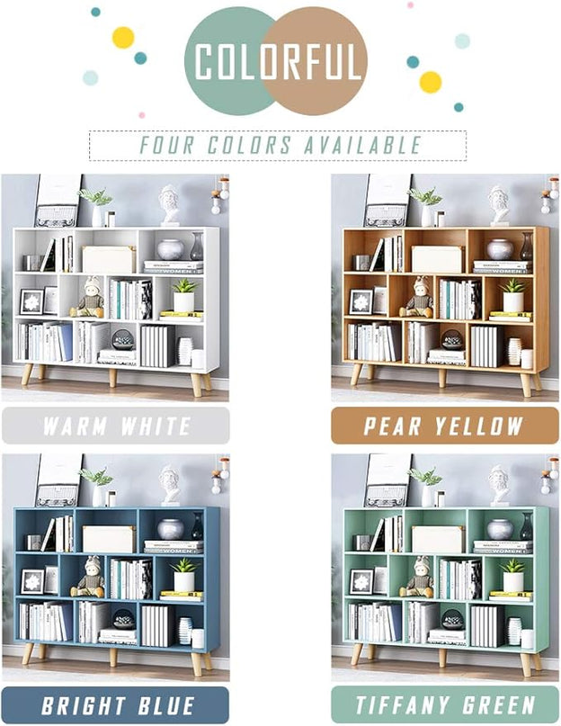 IOTXY Wooden Open Shelf Bookcase - 3-Tier Floor Standing Display Cabinet Rack with Legs, 10 Cubes Bookshelf, Tiffany-Green - LeafyLoom