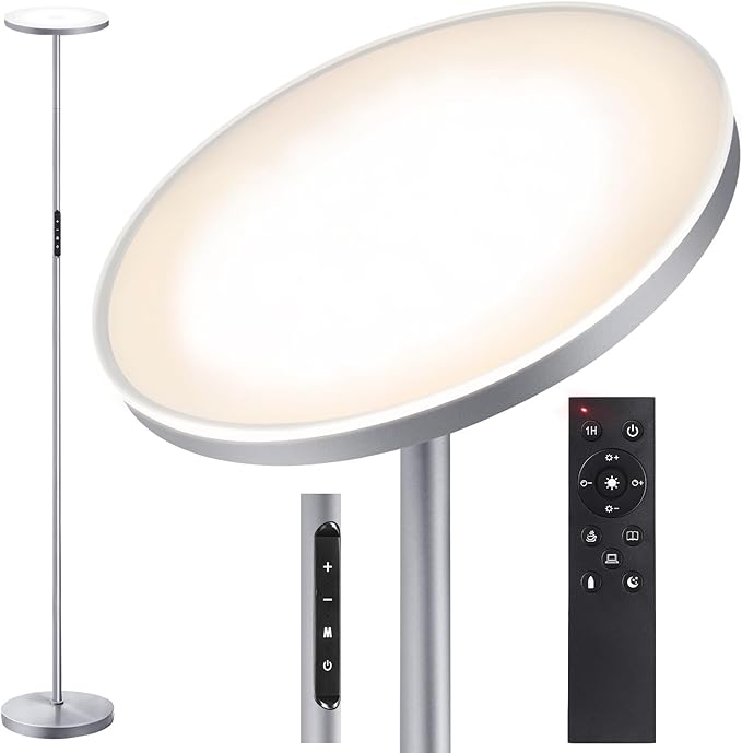 OUTON Floor Lamp, 30W 2400LM LED Modern Torchiere Sky Lamp, Super Bright Dimmable Standing Tall Lamp with 4 Color Temperature, Remote Touch Control, 1-H Timer for Living Room Bedroom Office,Space Grey - LeafyLoom