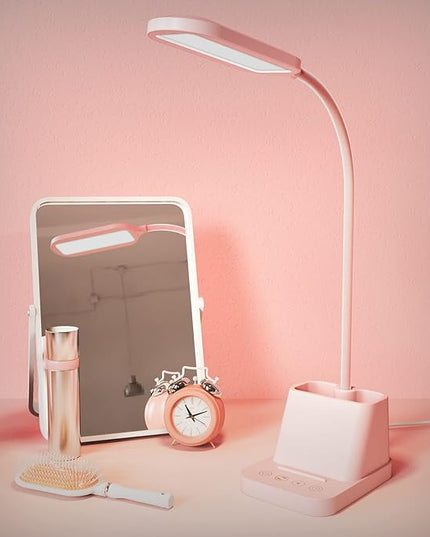 AXX Pink Desk Lamp for Kids, Cute Desk Light for Bedrooms, Kawaii Study Lamp with USB Charging Port - Small, LED, 650LM - Room College Dorm Essentials, Office Accessories for Women Teen Girls - LeafyLoom