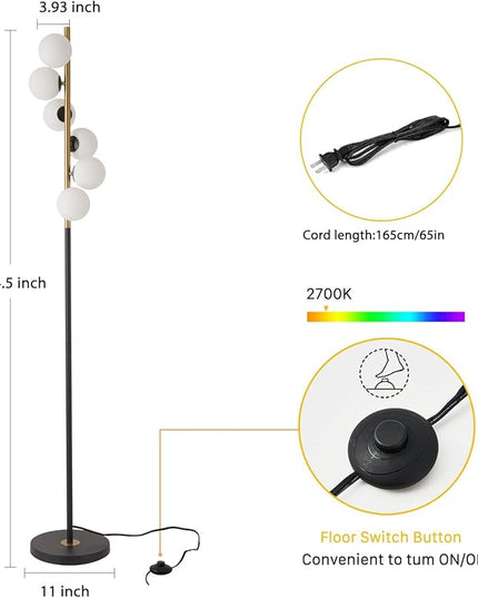 6 Globe Gold Mid Century Floor Lamp Glass Shade Antique Brass Modern Floor Lamps Contemporary Tall Pole Standing Lamp for Living Room Bedroom 3ColorTemperatures - LeafyLoom