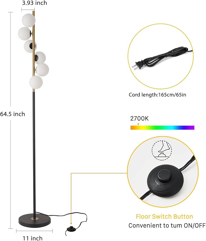 6 Globe Gold Mid Century Floor Lamp Glass Shade Antique Brass Modern Floor Lamps Contemporary Tall Pole Standing Lamp for Living Room Bedroom 3ColorTemperatures - LeafyLoom