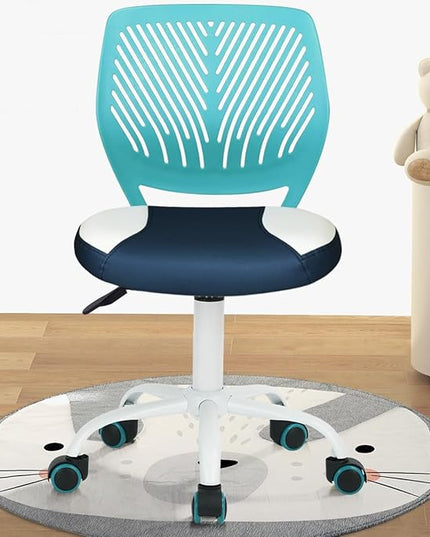 Desk Chair Small Study Chairs Armless for Children Kids Teens, Swivel Rolling Lightweight Task Chair with Wheels and Pu Leather Padded Cushion, Green/Navy - LeafyLoom