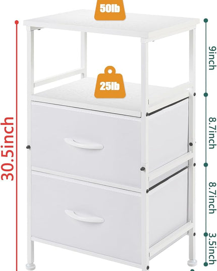 Nightstand with Fabric Drawers, Side Table with Open Wood Shelf for Bedroom, Small Dresser with Storage Drawers, End Table for Living Room, mesa de Noche para dormitorio, White - LeafyLoom