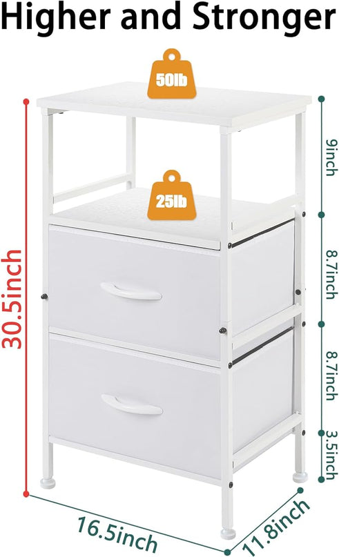 Nightstand with Fabric Drawers, Side Table with Open Wood Shelf for Bedroom, Small Dresser with Storage Drawers, End Table for Living Room, mesa de Noche para dormitorio, White - LeafyLoom