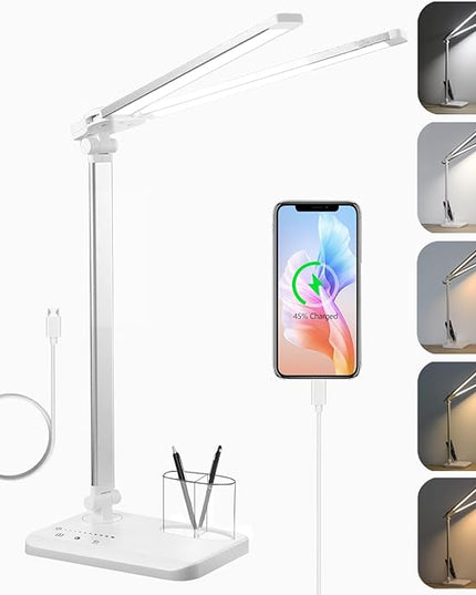 LED Desk Lamp for Home Office - Dual Swing Arm Desk Light with USB Charging Port,Eye-Caring Foldable 5 Color Modes 10 Brightness Levels Dimmable Desk Lamp for College Dorm Room (Silver) - LeafyLoom